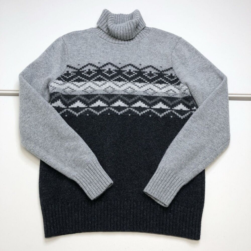 LL Bean Lambs Wool Sweater Mens Medium Cable Knit Chunky Fair Isle Gray